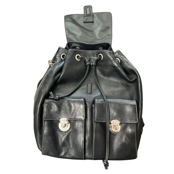 Perlina New York Black Soft Leather Backpack Multi-Pocket Adjustable-Strap - Picture 2 of 8